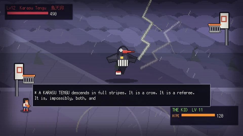Basuketto no Ball screenshot, a battle against the Karasu Tengu referee crow under a lightning storm