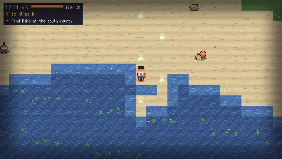 Basuketto no Ball screenshot, glowing moonprints rising out of the surf on the Shiokaze Coast