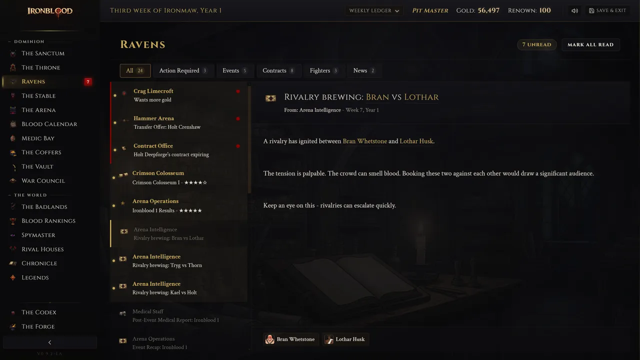 Ironblood screenshot, the Ravens inbox reporting a brewing rivalry