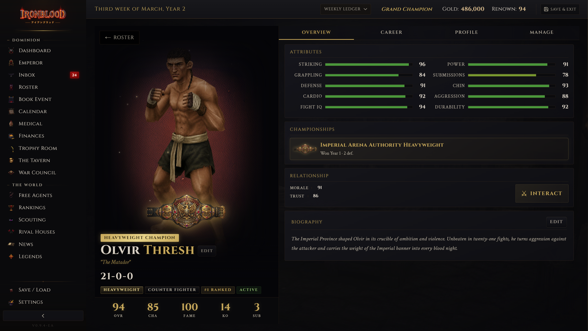 Ironblood screenshot, the champion career overview