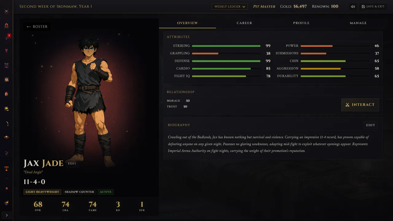 Ironblood screenshot, fighter overview for Jax Jade with full attributes