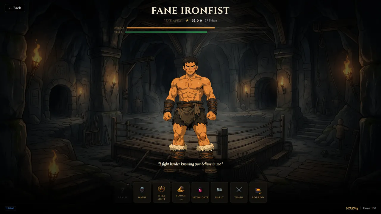 Ironblood screenshot, talking with champion Fane Ironfist in the training pit