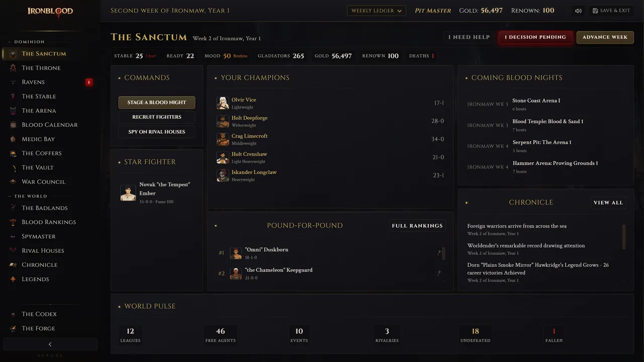 Ironblood screenshot, the Sanctum dashboard with champions and coming blood nights