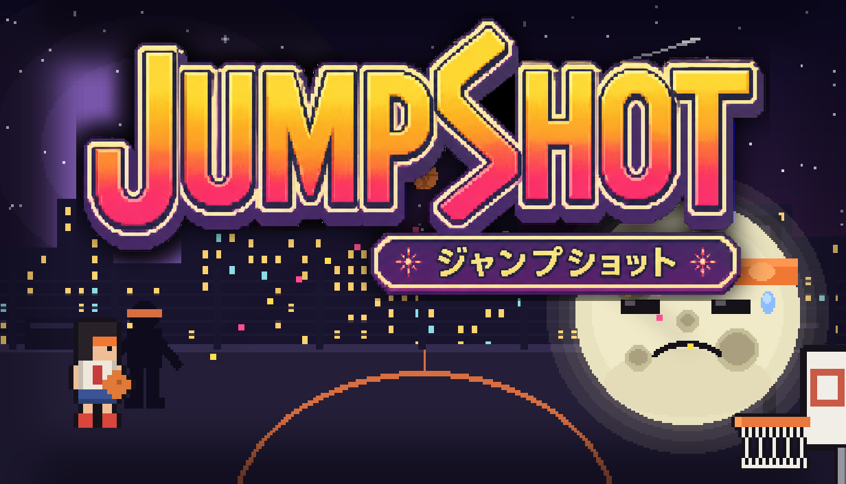 Jumpshot key art, the kid and a sulking headbanded moon on a night rooftop court