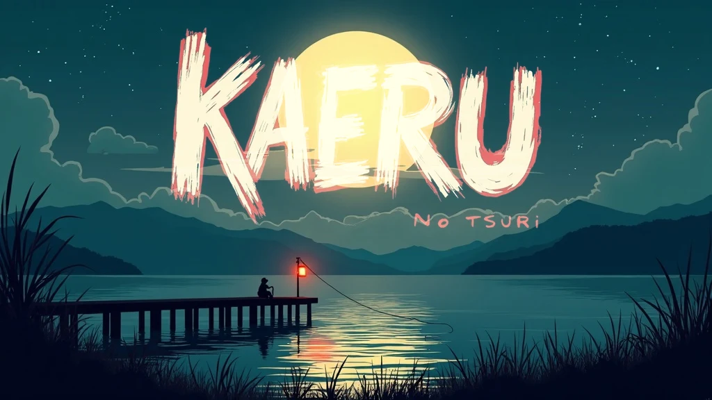Kaeru no Tsuri key art, a small figure fishing from a moonlit pier beside a red lantern