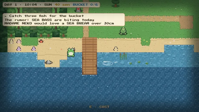 Kaeru no Tsuri screenshot, the frog casting from the sunlit beach