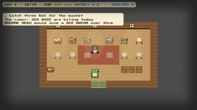 Kaeru no Tsuri screenshot, the shop mid-shift with customers browsing the shelves