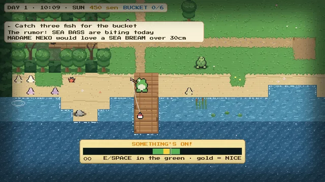 Kaeru no Tsuri screenshot, the reel meter mid-fight over the water
