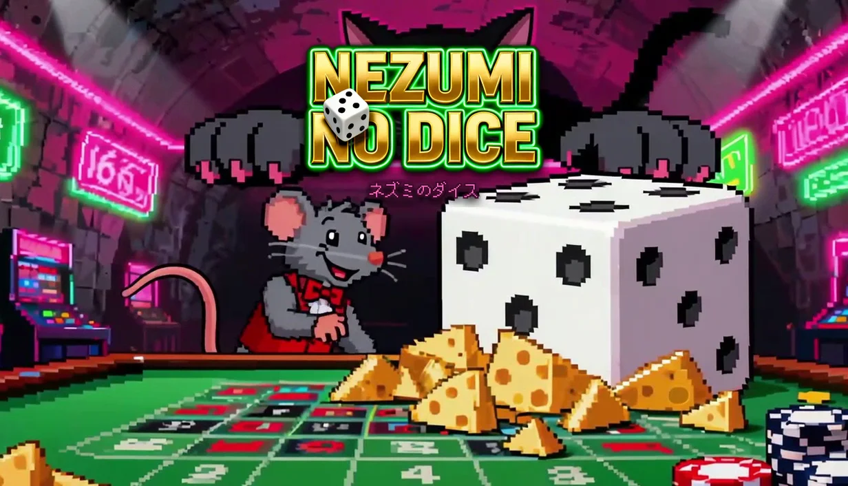 Nezumi no Dice capsule art, the rat dealer beside a giant die and cheese while the black cat looms over the neon casino
