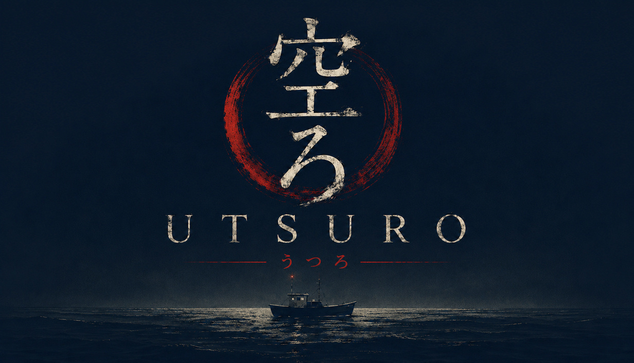 Utsuro key art, a solitary fishing boat adrift on a dark sea